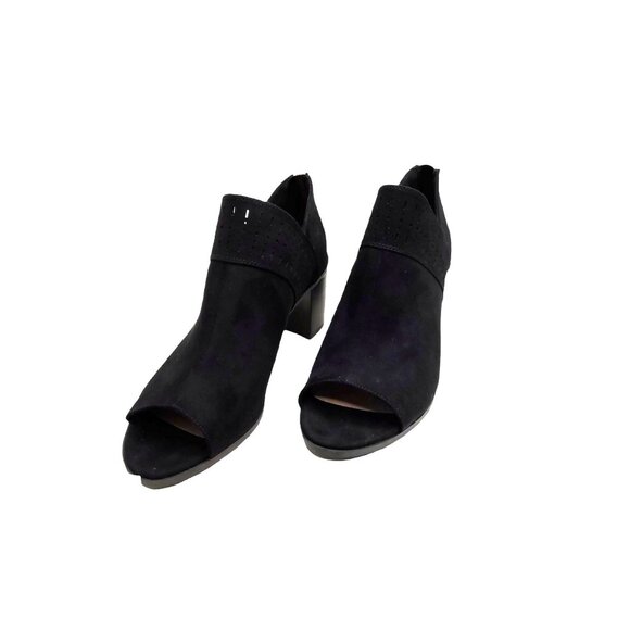 Xappeal women's black faux suede peep toe shoes with lazer cut outs and ankle zi - Picture 5 of 5